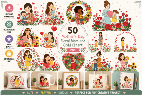 Charming Mother's Day Floral Mom and Child Clipart for Your Projects
