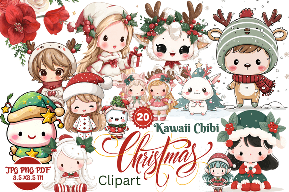 Kawaii Chibi Christmas Clipart: Festive Design Assets